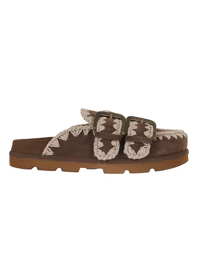 Mou Brown Low-cut Suede Clogs With Double Buckle Closure