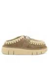 Mou Topstitched Suede Flat Mules In Brown
