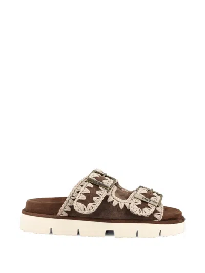 Mou Embroidered Buckle Slide Sandals In Brown