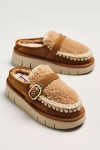 Mou Buckle Sheepskin Slippers In Brown