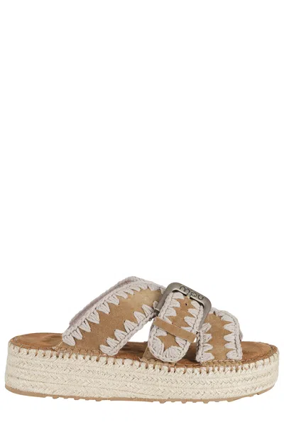 Mou Cognac Jute Crochet Trim Adjustable Strap Suede Sandals In Animal Print