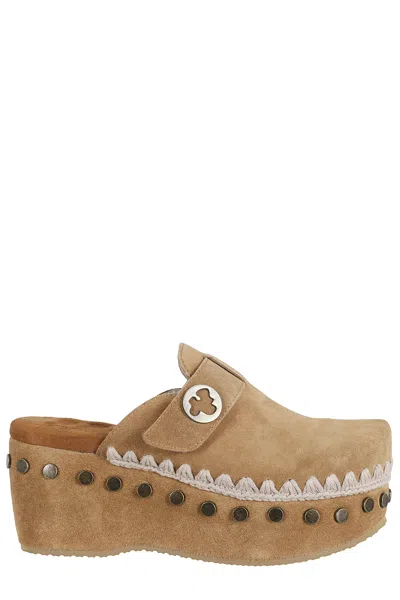 Mou Cognac Plain Crochet Trim Platform Suede Clogs In Brown