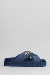 MOU CRISSCROSS SLIPPER-MULE IN BLUE FABRIC