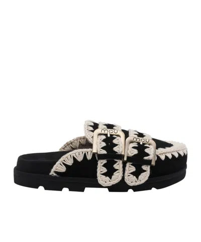 Mou Crochet Buckle Mules In Black