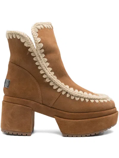 Mou Crochet-detail Platform Boots In Brown