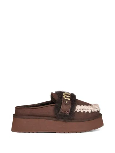 Mou Crochet-stitch Sheepskin Platform Mules In Brown