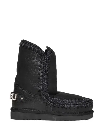 Mou Crochet-stitch Sheepskin Snow Boots In Black