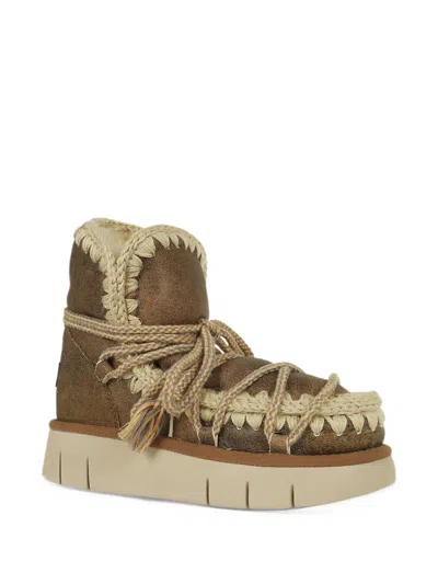 Mou Crochet-trim Lace-up Ankle Boots In Brown