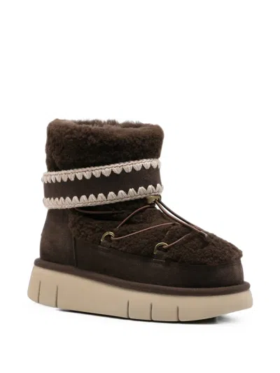 Mou Crochet-trim Lace-up Ankle Boots In Brown