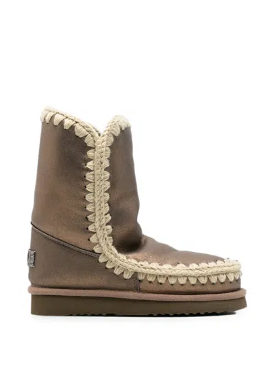 Mou Crochet-trim Metallic-finish Boots In Brown