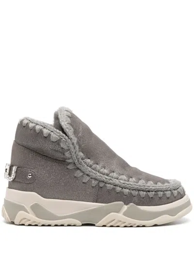 Mou Decorative-stitching Leather Boots In Grey