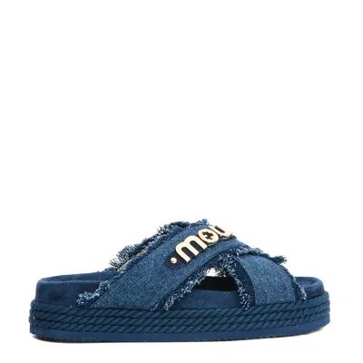 Mou Denim Cross-strap Sandals With Rubber Platform Sole In Blue