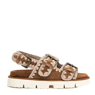 Mou Double Buckle Suede Sandals With Contrasting Stitching In Braun
