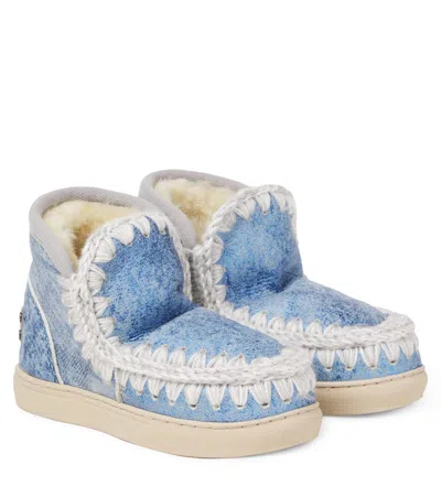 Mou Kids' Embroidered Shearling-lined Suede Boots In Blue