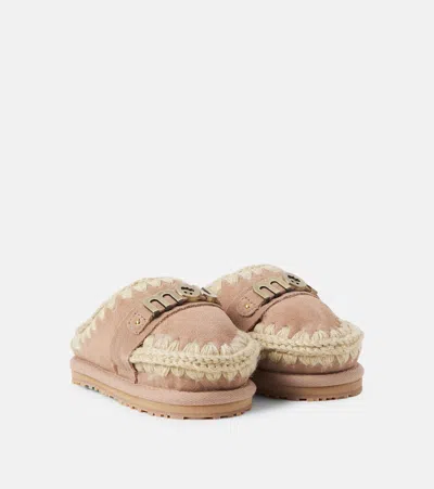 Mou Embroidered Shearling-lined Suede Slippers In Beige