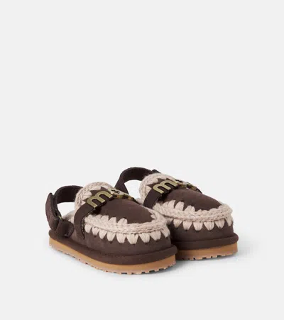 Mou Embroidered Shearling-lined Suede Slippers In Brown