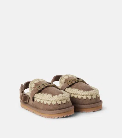 Mou Embroidered Shearling-lined Suede Slippers In Grey