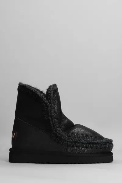 Mou Eskimo 18 Low Heels Ankle Boots In Black Leather In Nero/grigio