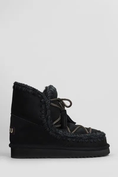 MOU ESKIMO 18 SCOUBIDOO LOW HEELS ANKLE BOOTS IN BLACK LEATHER