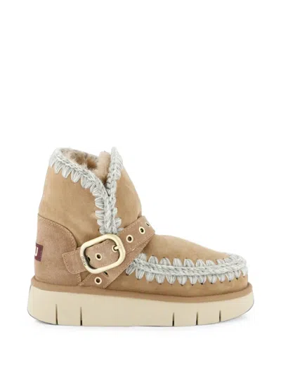 Mou Eskimo Bounce Buckled Crochet-trim Boots In Neutral