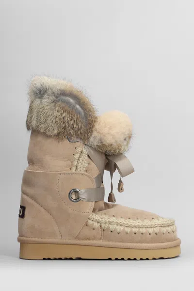 Mou Eskimo Lace And Fur Low Heels Boots In Camel