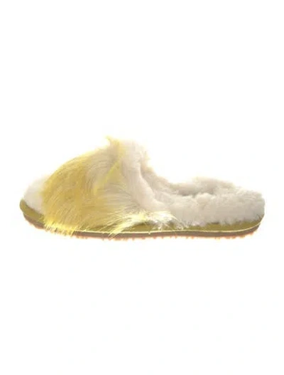 Pre-owned Mou Faux Fur Colorblock Pattern Slides In Yellow