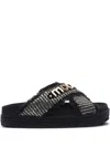 Mou Crisscross Flats In Black Raffia