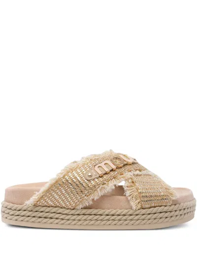 Mou Fringed Cross-strap Sandals In Beige