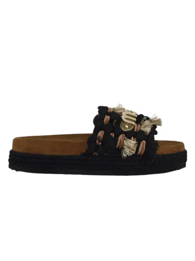 Mou Fringe-detail Sandals With Large Decorative Logo In Black