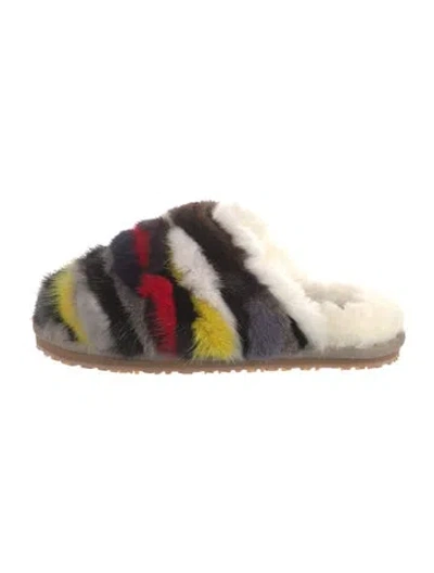 Pre-owned Mou Fur Striped Slides In White