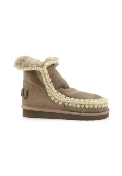 Mou Glitter Logo Sheepskin Ankle Boots In Brown