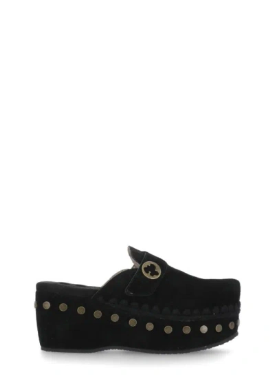 Mou Crochet-trim Suede Clogs In Black