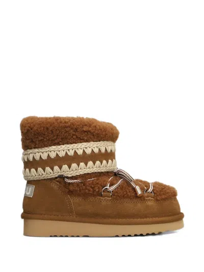 Mou Lace-up Crochet-stitch Boots In Brown