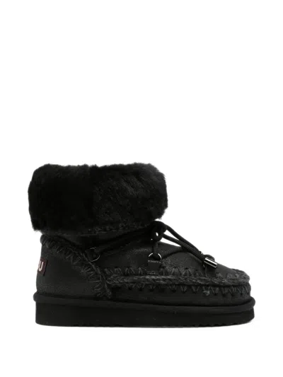 Mou Lace-up Crochet-trim Ankle Boots In Black