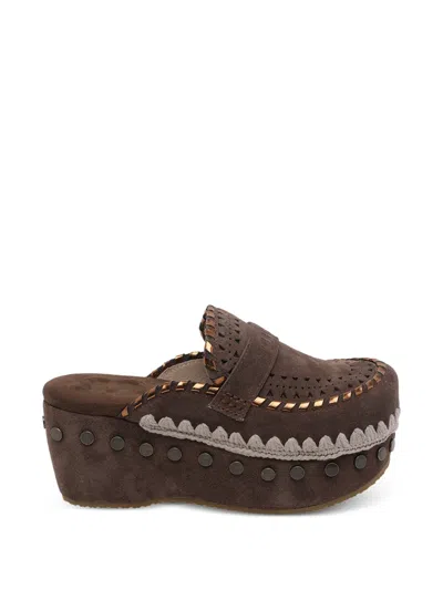 Mou Laser-cut Studded Suede Mules In Brown