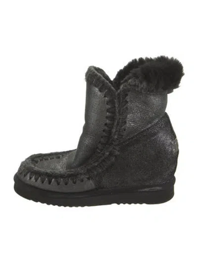Pre-owned Mou Leather Crystal Embellishments Snow Boots In Black