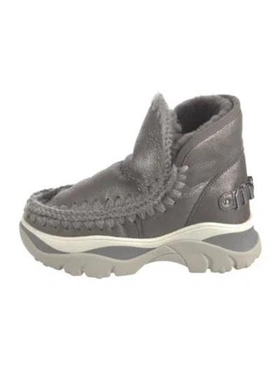 Pre-owned Mou Leather Fur Trim Boots In Grey