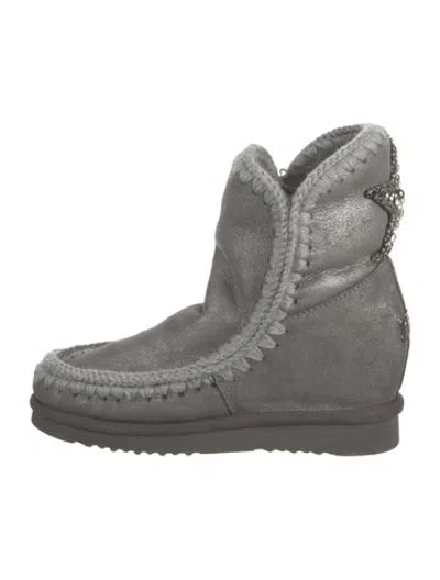 Pre-owned Mou Leather Fur Trim Snow Boots W/ Tags In Grey