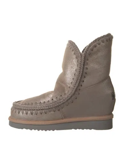Pre-owned Mou Leather Fur Trim Snow Boots W/ Tags In Metallic/silver