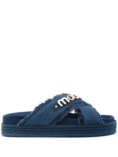 Mou Logo-lettering Denim Slides In Blue