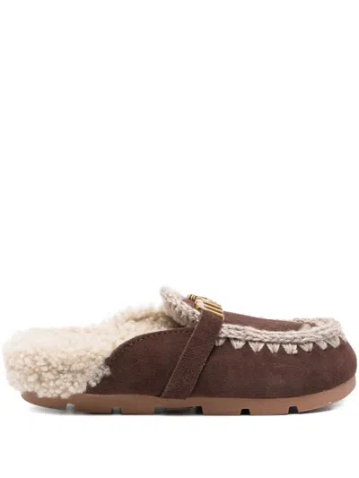 Mou Logo-plaque Shearling Mules In Brown