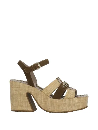 Mou Logo-plaque Crochet-trim Sandals In Brown