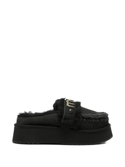 Mou Logo-plaque Crochet-trim Slippers In Black