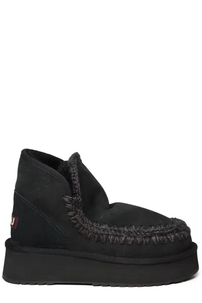 Mou Platform Ankle Slippers Round Toe Whipstitch Trim In Black