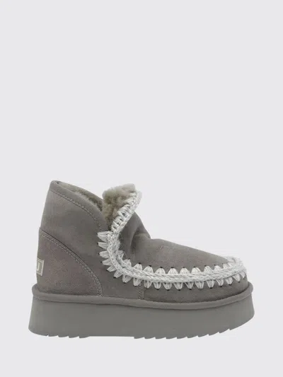 Mou Mini Eskimo Platform Suede Boots With Crochet Stitching In Gray