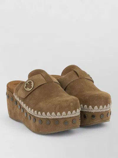 MOU PLATFORM MULE SANDALS ROUND TOE STUDS SUEDE