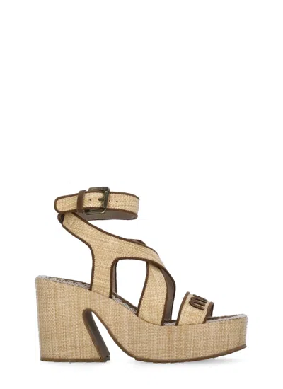 Mou Raffia Platform Sandals In Beige Raffia