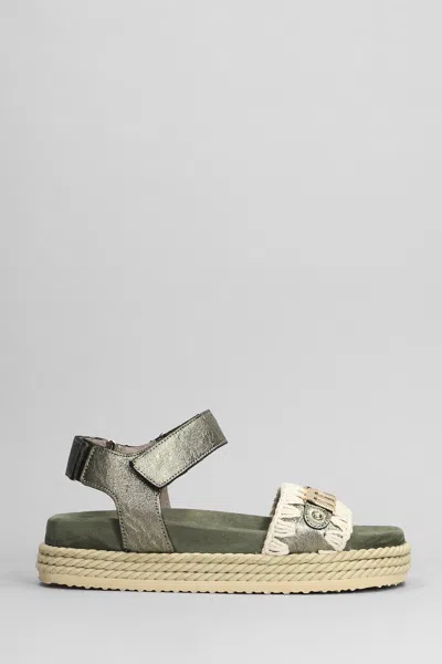 Mou Rope Bio Sandal Flats In Green Suede And Leather