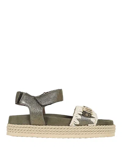 Mou Rope Bio Sandal Flats In Green Suede And Leather In Multi
