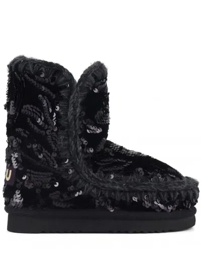 Mou Sequin Hand-crocheted Eskimo Boots In Black